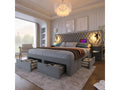 Lit capitonné 180 x 200 cm avec tête de lit et 2 tables de chevet - lampe de lecture et 4 tiroirs - Velours - Gris (sans matelas)