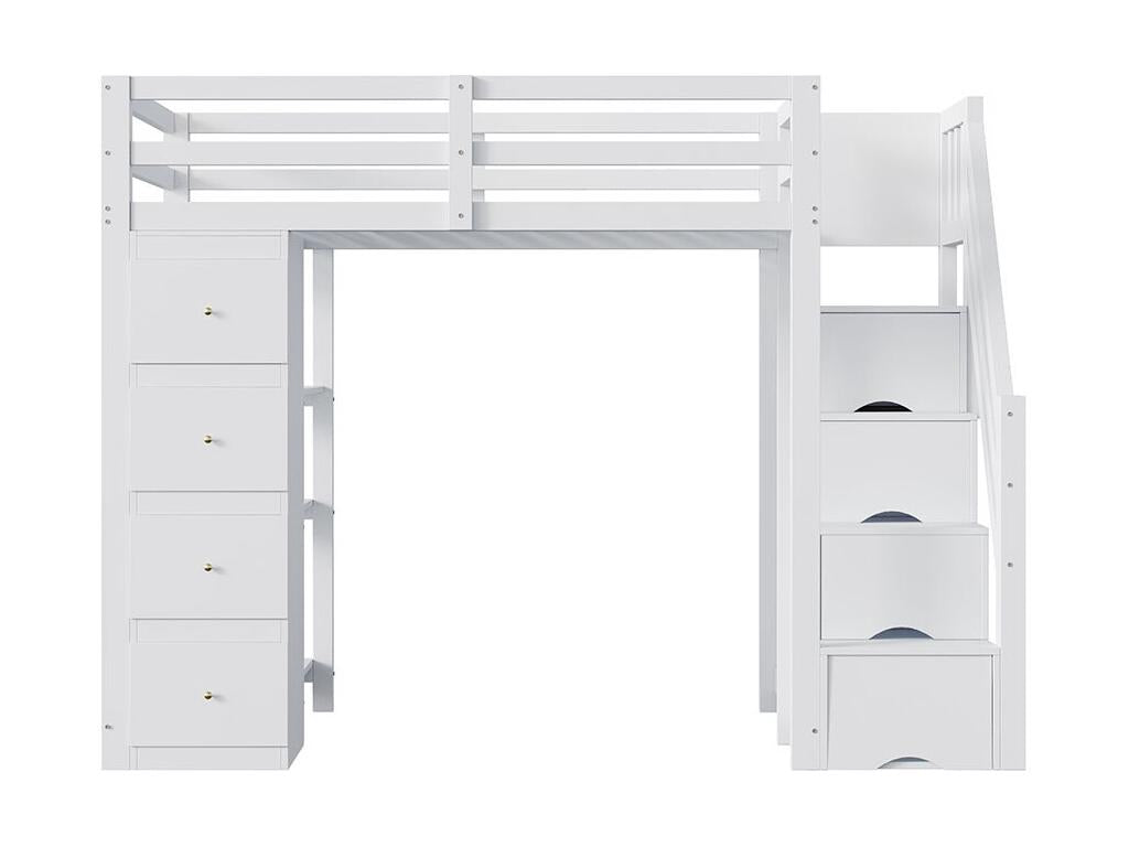 Lit mezzanine 90x200 cm commode avec étagères échelle de sécurité pour les tiroirs de rangement blanc