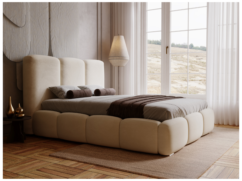 Lit rembourré avec rangement - 160x200 - lit double - velours - beige - Bubble