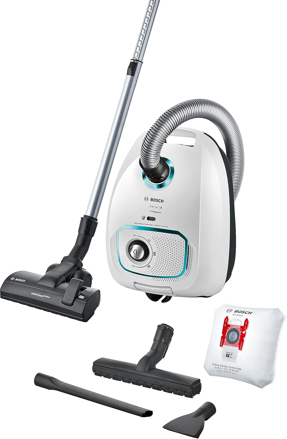 Bosch Electroménager Série 4, BGLS4HYG2, aspirateur traîneau avec Sac, Filtre Anti-allergie Lavable, Sac à poussière de 4L, Rayonne d'action de 10 m, Niveau sonore de 69 DB, Blanc