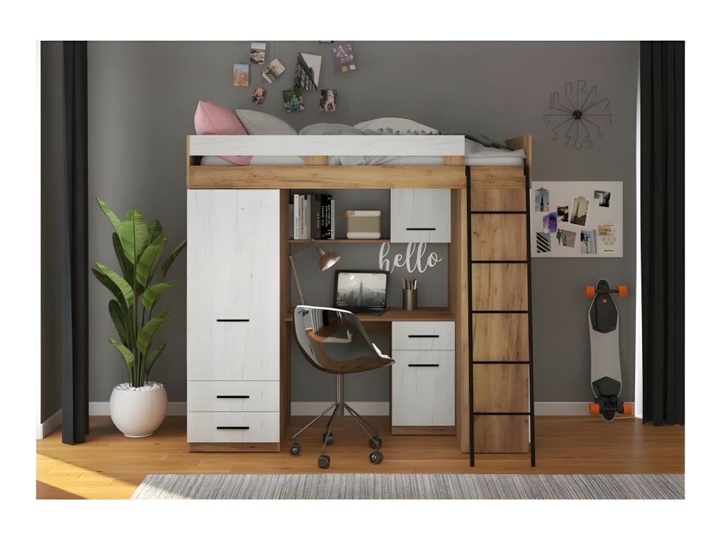 Lit Mezzanine 90x200cm avec échelle Placard Bureau bibliothèque et beaucoup d'étagéres Habitatharmonie P Chêne Habitatharmonie/Blanc Habitatharmonie