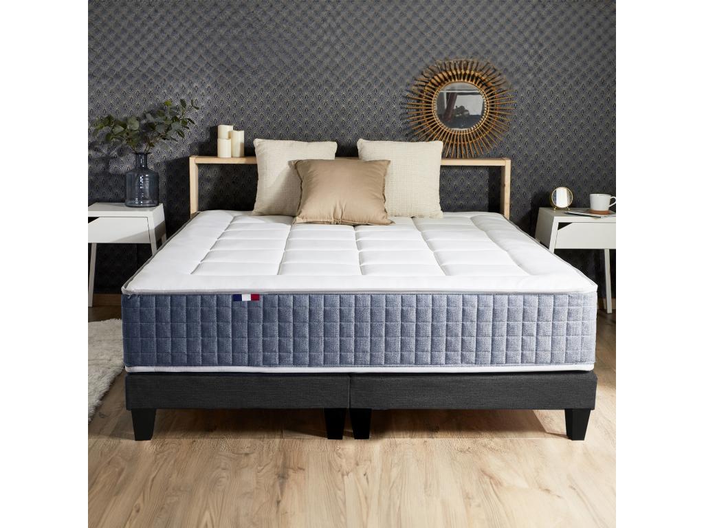 Ensemble Matelas Ressort 7 zones + Mémoire de forme + Sommier Habitatdoux STYLE Fabriqué en France Dimensions - 2*90*200 cm, Sommier - Noir