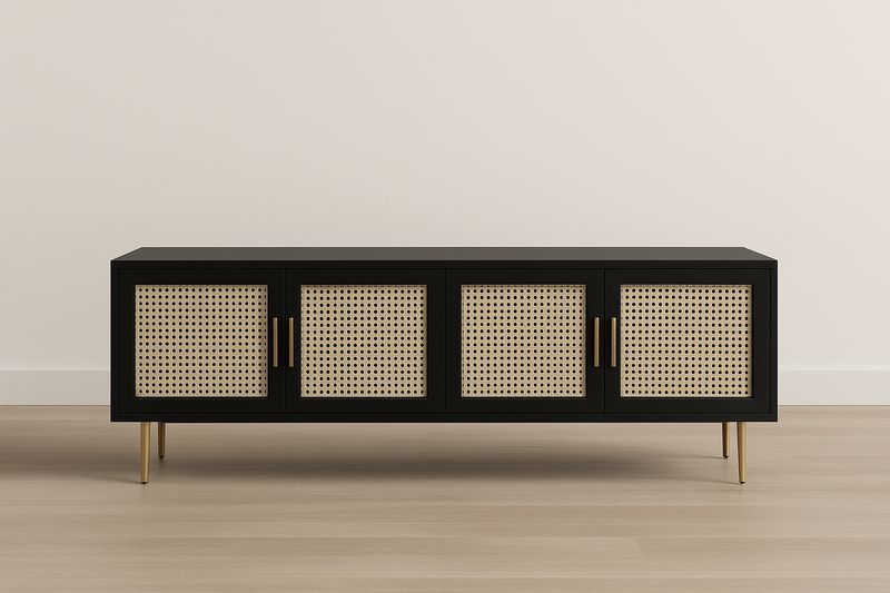 Meuble TV en bois MDF et rotin noir 200x48x56 cm