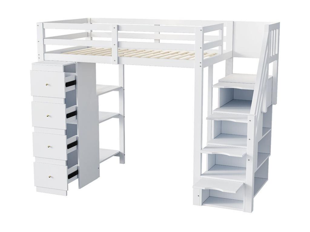 Lit mezzanine 90x200 cm commode avec étagères échelle de sécurité pour les tiroirs de rangement blanc