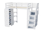 Lit mezzanine 90x200 cm commode avec étagères échelle de sécurité pour les tiroirs de rangement blanc