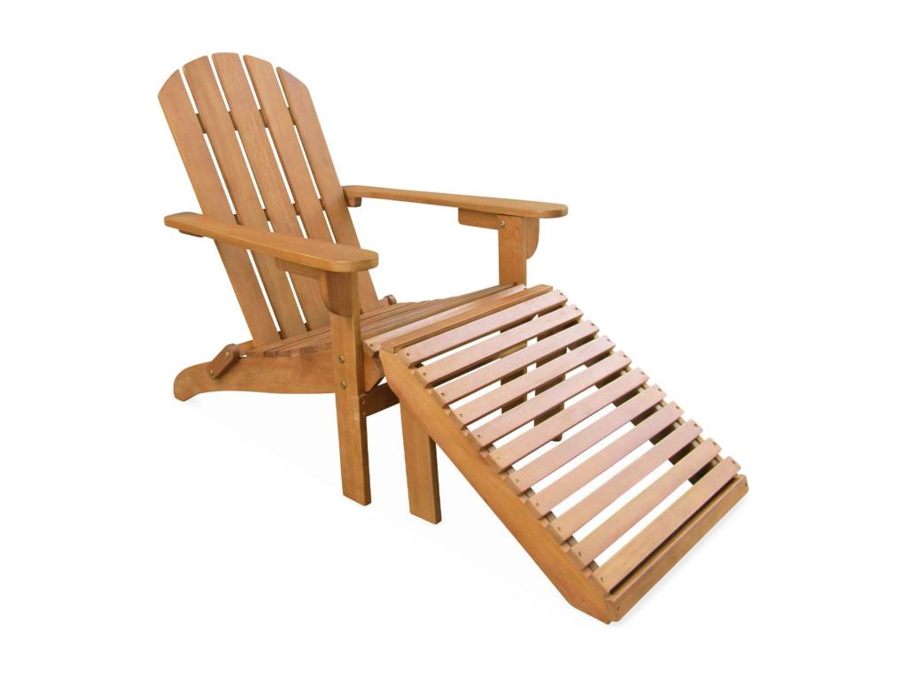 Lot de 2 fauteuils de jardin en bois avec un repose-pieds/table basse - Zenmobilier - Eucalyptus- chaises de terrasse rétro