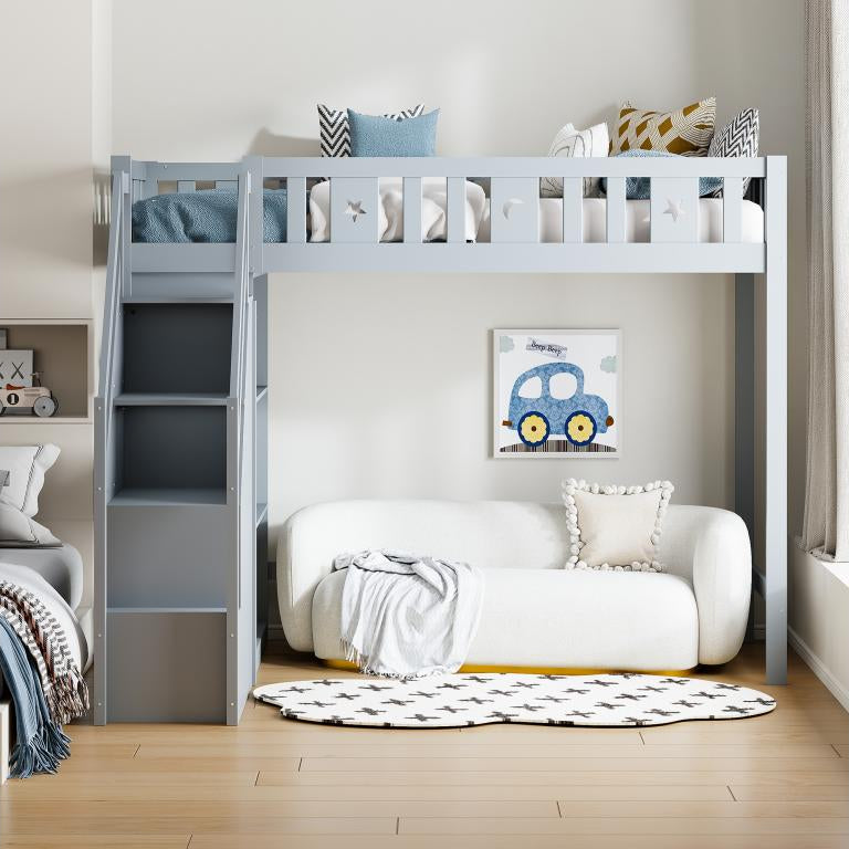 Lit mezzanine 90x200 cm avec échelle de rangement et étagères - Bois de pin et MDF - Gris