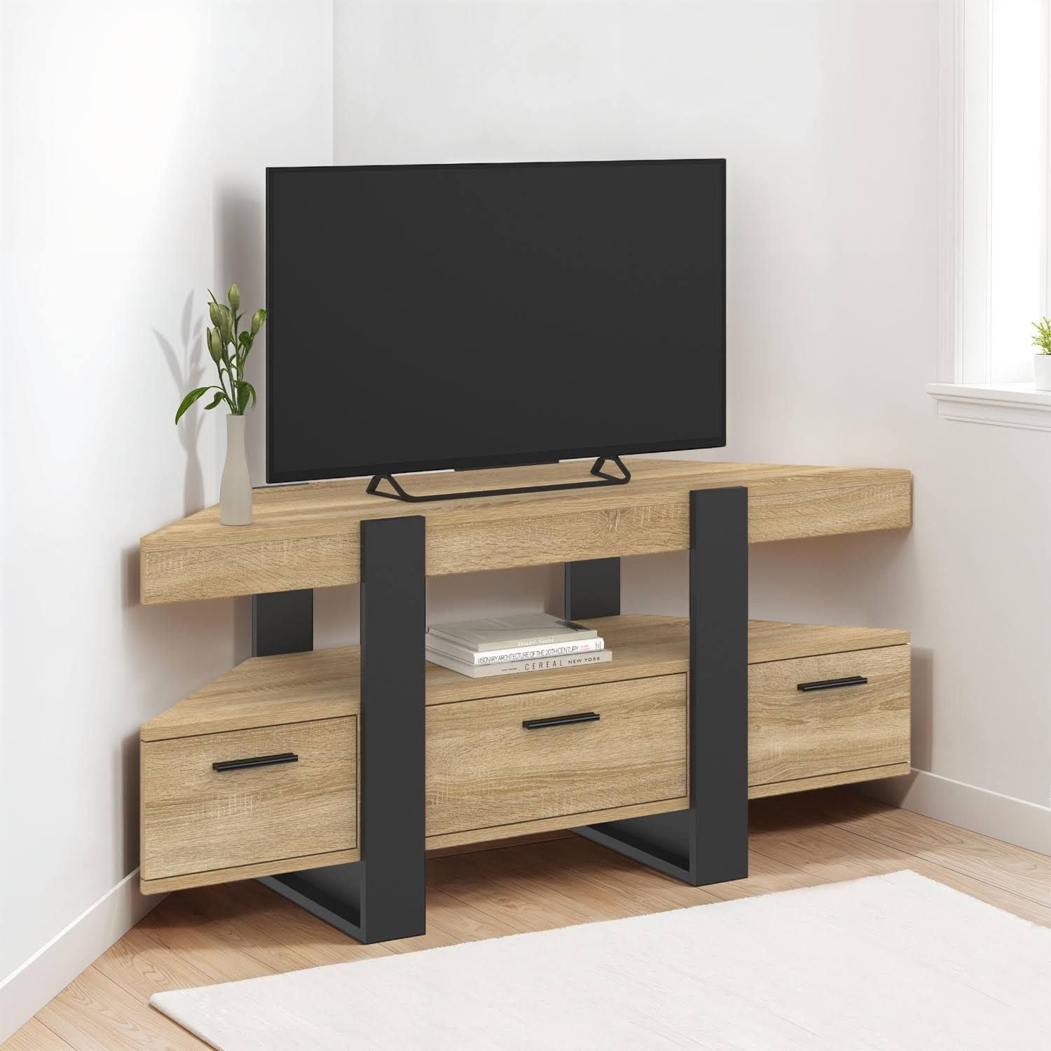 id market Meuble TV 110 Cm D'angle Phoenix Avec Tiroir Bois Et Noir