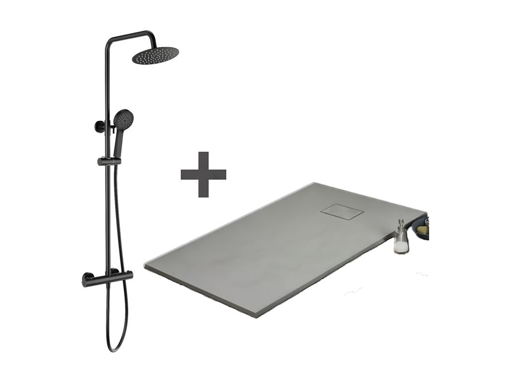 Pack Receveur de douche 80x120 cm extra plat gris Colonne de douche thermostatique noir mat