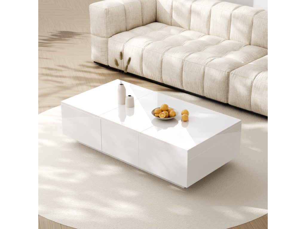 Table basse coulissante avec 2 tiroirs -100 L x 50 lx 31 H cm - effet en haute brillance - Panneaux de particules - Blanc