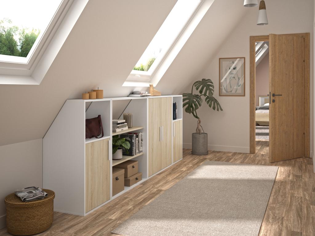 Meuble sous pente 4 portes 2 étagères et 2 niches - Blanc et naturel - Decoessentielle