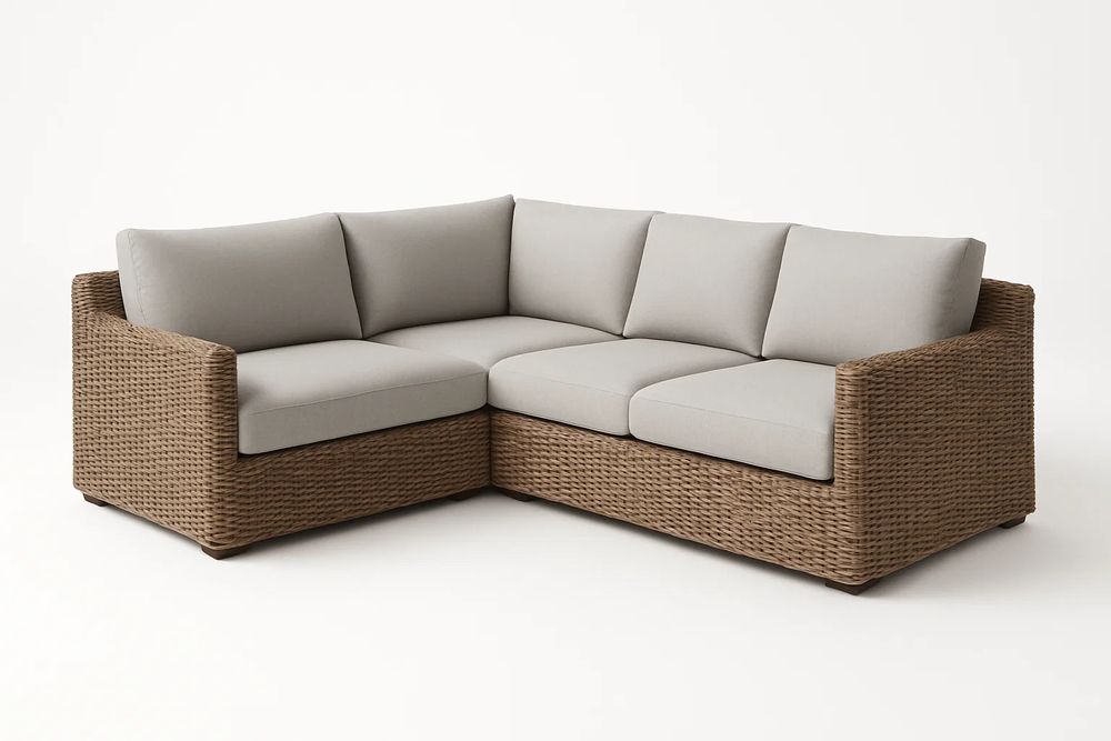 Canapé d'angle en résine tressée avec coussins en tissu gris