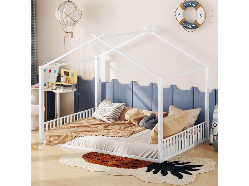 Lit cabane 140x200 cm avec tête de lit - Métal - Sommier à Decoessentielle - Blanc (sans matelas)