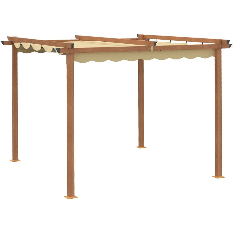 Pergola rétractable 3L x 3l x 2,25H m structure alu. aspect bois toile polyester haute densité beige 