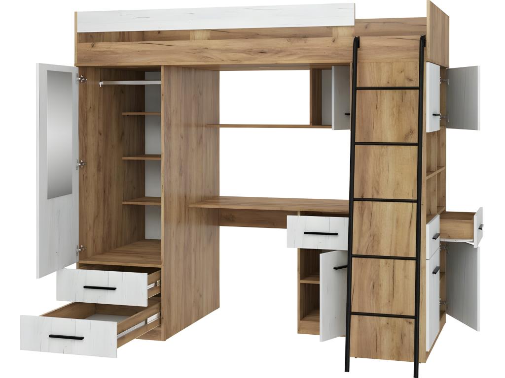 Lit Mezzanine 90x200cm avec échelle Placard Bureau bibliothèque et beaucoup d'étagéres Habitatharmonie P Chêne Habitatharmonie/Blanc Habitatharmonie