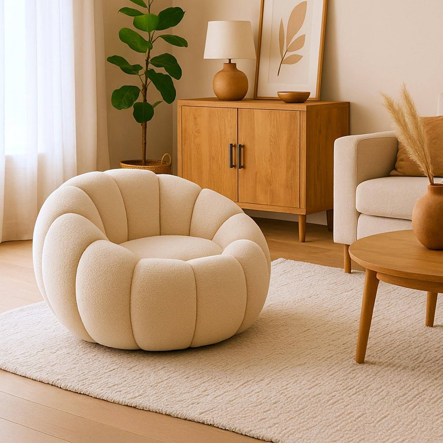 menzzo Fauteuil design coquillage tissu bouclette crème Soren