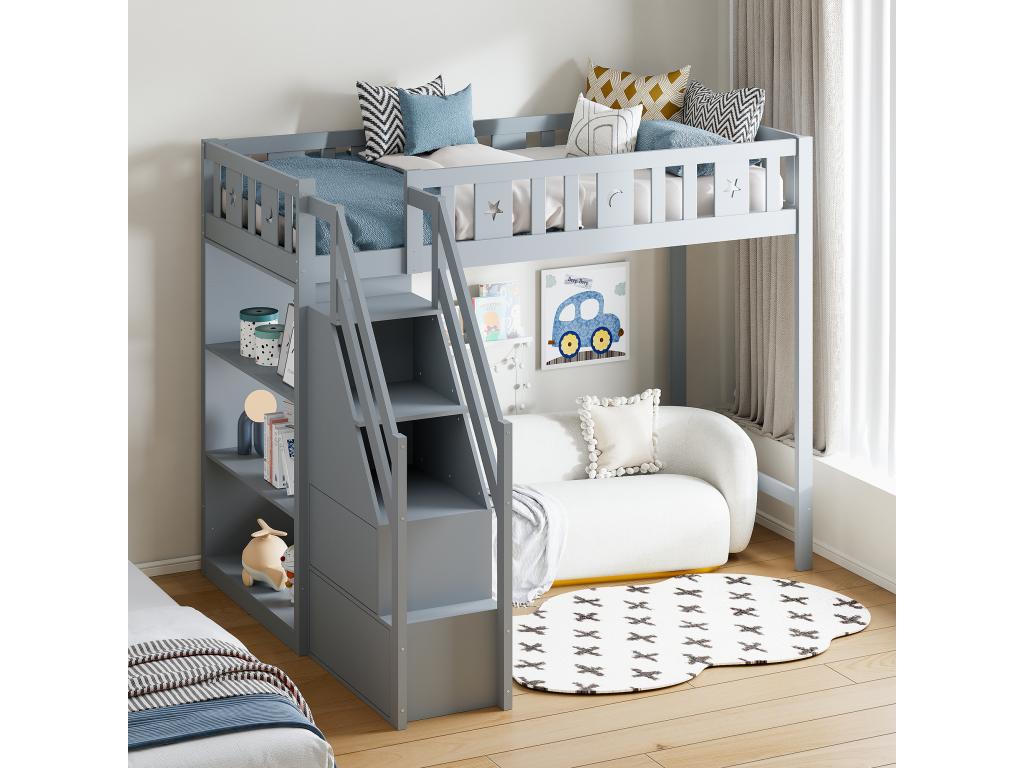 Lit mezzanine 90x200 cm avec échelle de rangement et étagères - Bois de pin et MDF - Gris