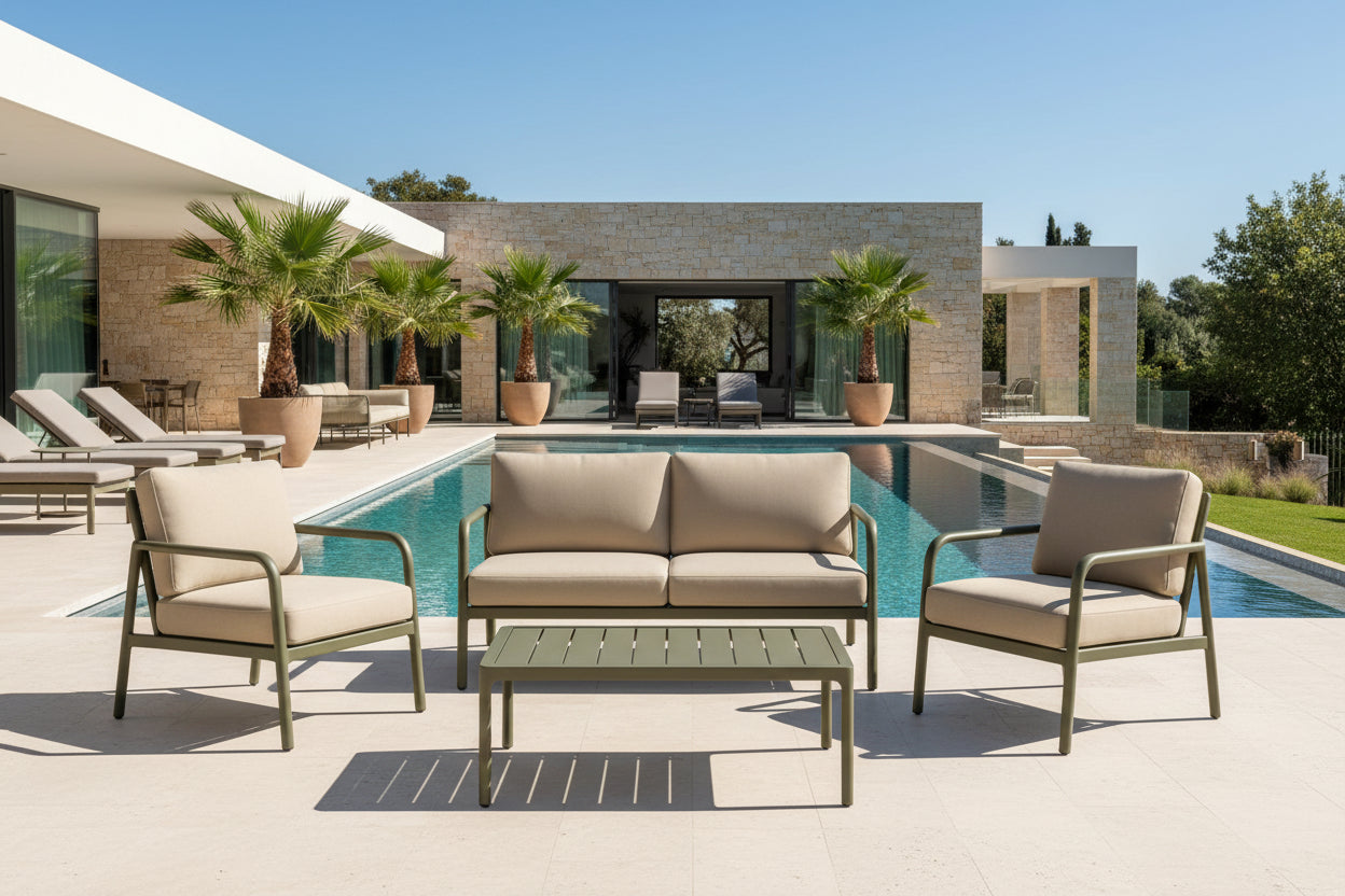 Ensemble de mobilier de jardin en aluminium avec coussins beige