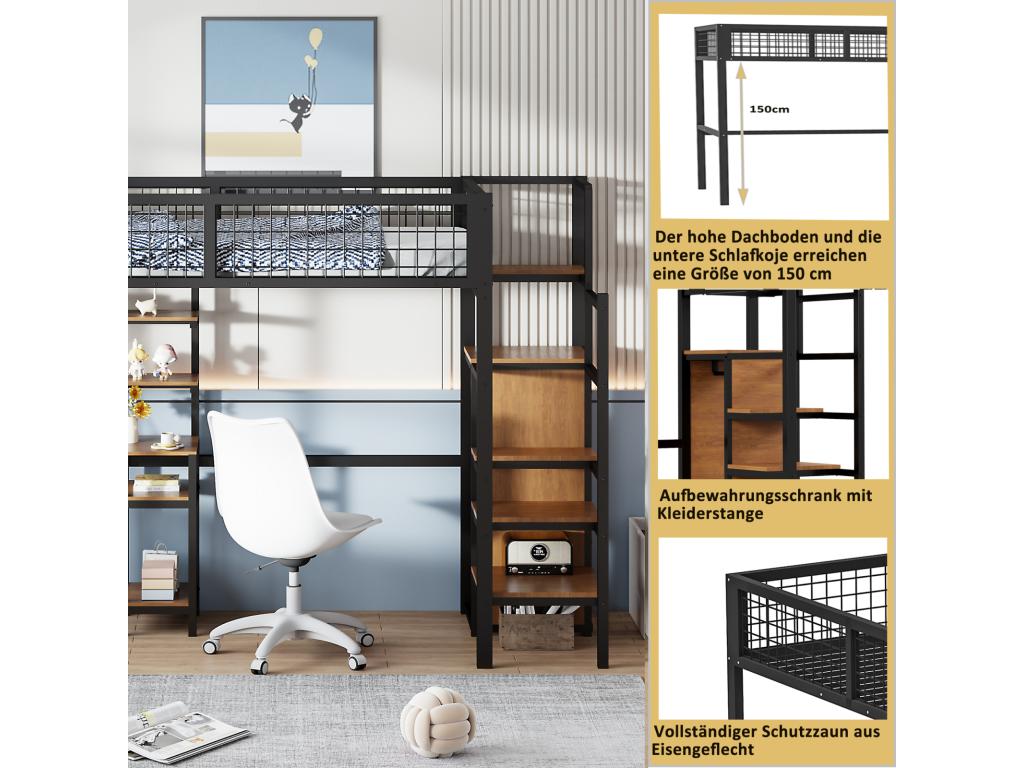 Lit mezzanine 90x200cm lit enfant en fer avec échelle de sécurité table d'ordinateur étagère de rangement treillis métallique noir