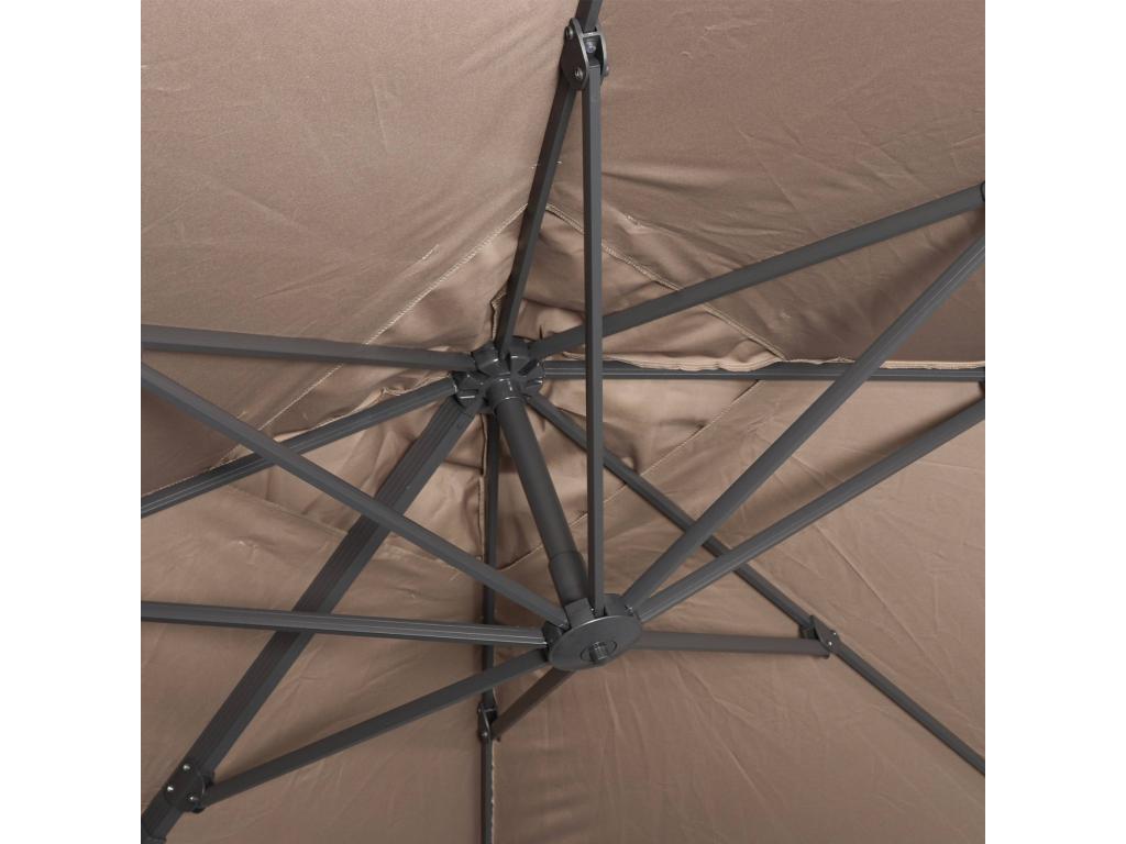 Parasol déporté carré taupe 3x3m structure grise + Lot de 4 dalles à lester 50x50cm